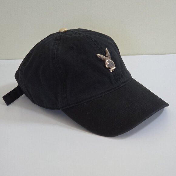 Playboy Lids Black Strapback Hat Cap Cotton Embroidery Metal Bunny Adjustable - Picture 13 of 15